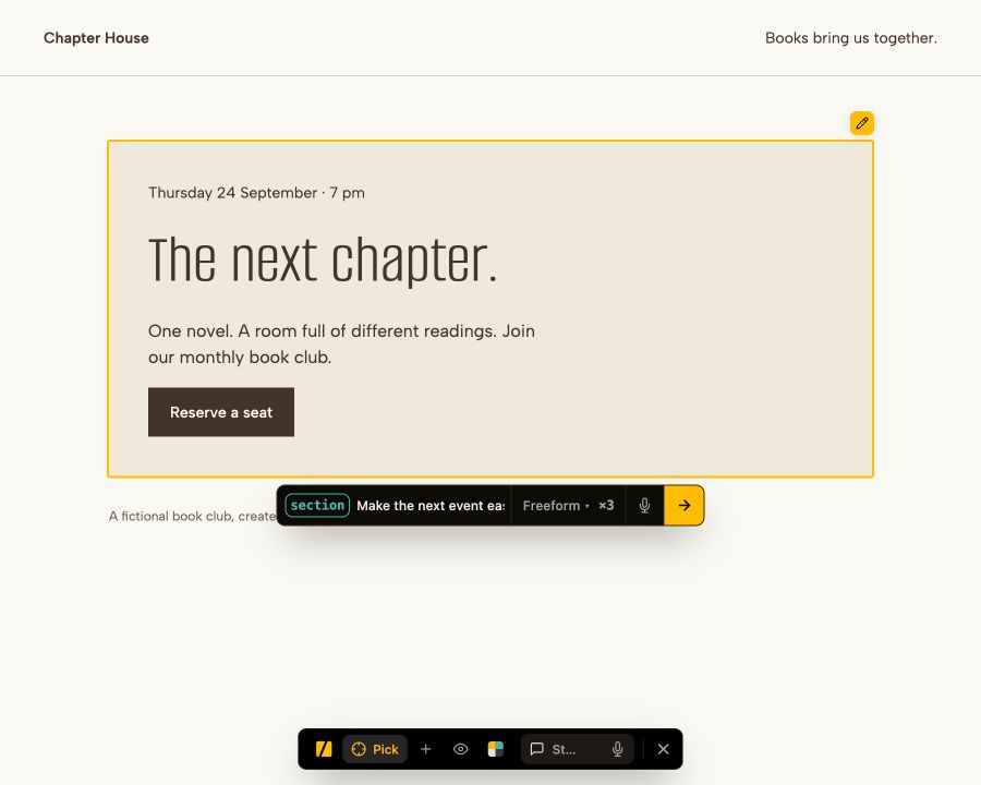 The whole book-club event card is outlined in gold, with the real Live Mode request bar beneath it. The original card puts the date, headline, description, and reservation button in one column.