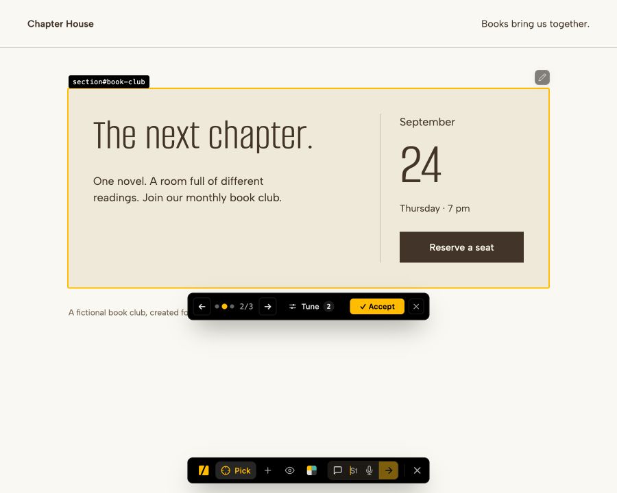 The preview separates the event introduction from a date-and-reservation group. September 24 is prominent above the time and reservation button. The real Live Mode bar shows comparison arrows, the variant counter, Tune, Accept, and discard controls.
